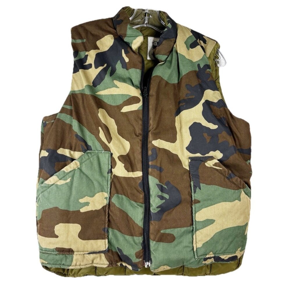 VTG Military Men Medium Camo Puffer Warm Vest Hunting USA Green & Brown EUC